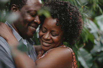 A man and woman are hugging and smiling with their eyes closed