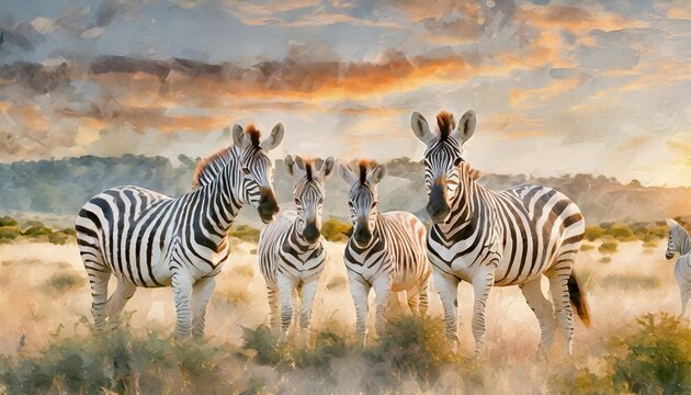 zebra family in the wild drawn with watercolor