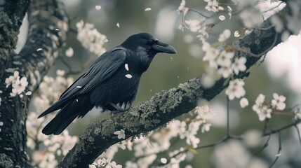 black raven sitting on the tree branch in spring with white flowers and flower petals floating around. 