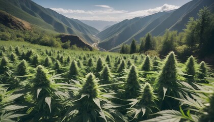 Cannabis or marijuana outdoors plantation growing on the mountains. Wide angle