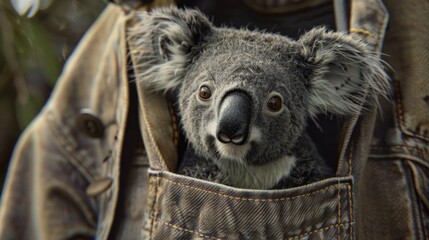 Obraz premium A cute koala peeking out of a pocket. Suitable for nature and wildlife concepts
