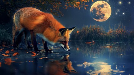 red fox drinking from the pond a nigh with full moon in the sky and with a reflection in water. 