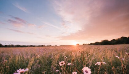 field flower meadow beautiful sunset countryside violet blooming pink nature background generative...