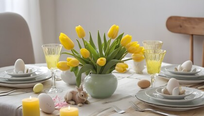 Fototapeta na wymiar Festive table setting with vase of yellow tulips, candles and Easter bunnies