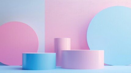 Fototapeta premium Interior of a pink and blue room with a round mirror. Ideal for home decor websites