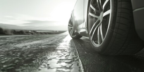 A black and white photo of a car on a wet road. Suitable for automotive and transportation concepts