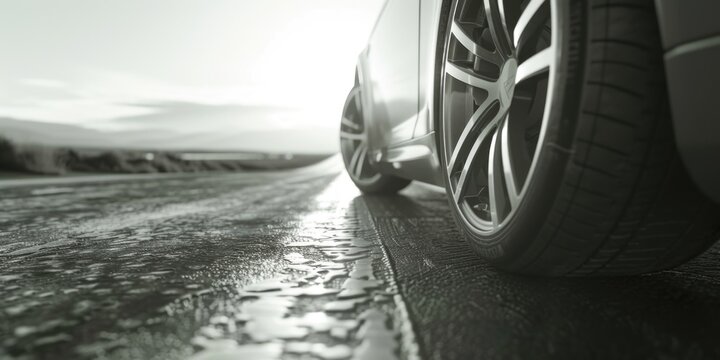 Fototapeta A black and white photo of a car on a wet road. Suitable for automotive and transportation concepts