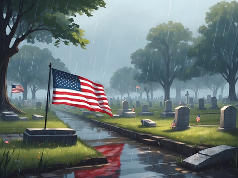 A cemetery with an American flag in the rain, a grave, and a Memorial Day design.
