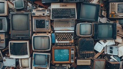 A pile of old televisions and computers, suitable for technology concepts