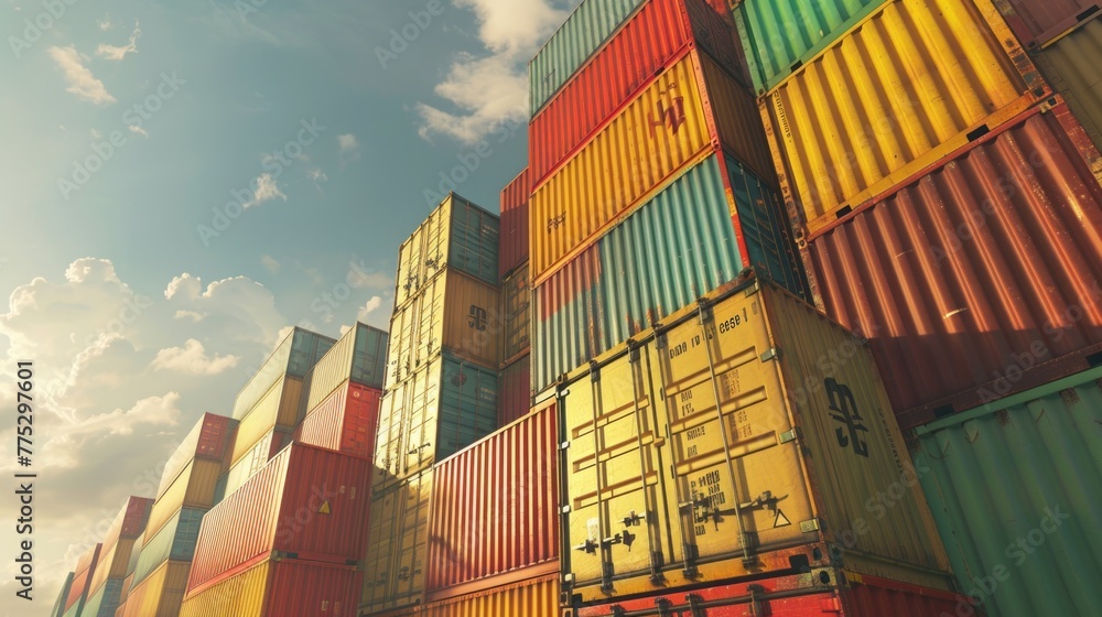 Poster A bunch of containers stacked on top of each other. Suitable for industrial and shipping concepts