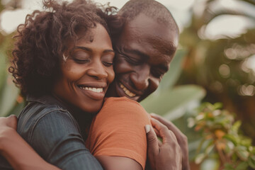 Fototapeta premium A man and woman hugging each other with their eyes closed