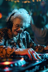Elderly woman listening to music on a turntable, suitable for music and nostalgia concepts - obrazy, fototapety, plakaty