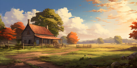 Illustration of a rural quiet place landscape with a farmer house  - obrazy, fototapety, plakaty