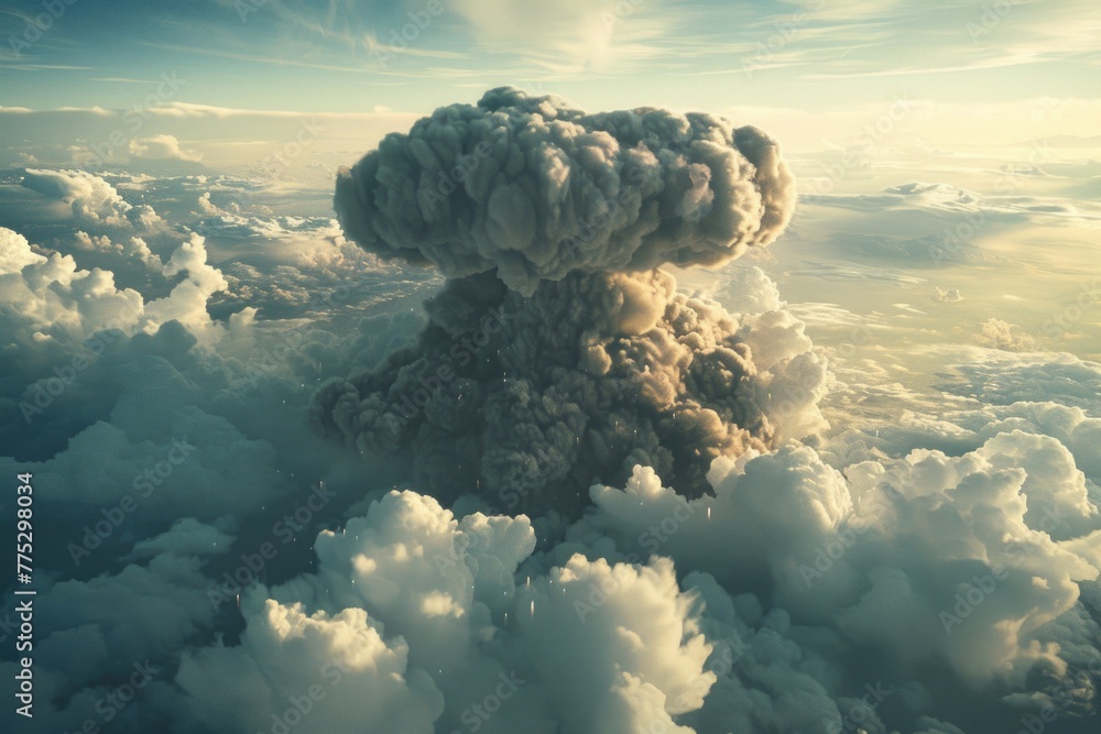 Aufkleber dramatic cloud filled sky with a large mushroom cloud. suitable for illustrating concepts of danger,