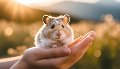 cute hamster in hands on nature background close up