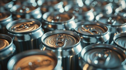 Close up shot of a bunch of soda cans. Perfect for beverage industry advertising