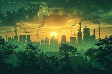 Fototapeta na wymiar Corporate ESG journey, Earth’s green industry silhouette