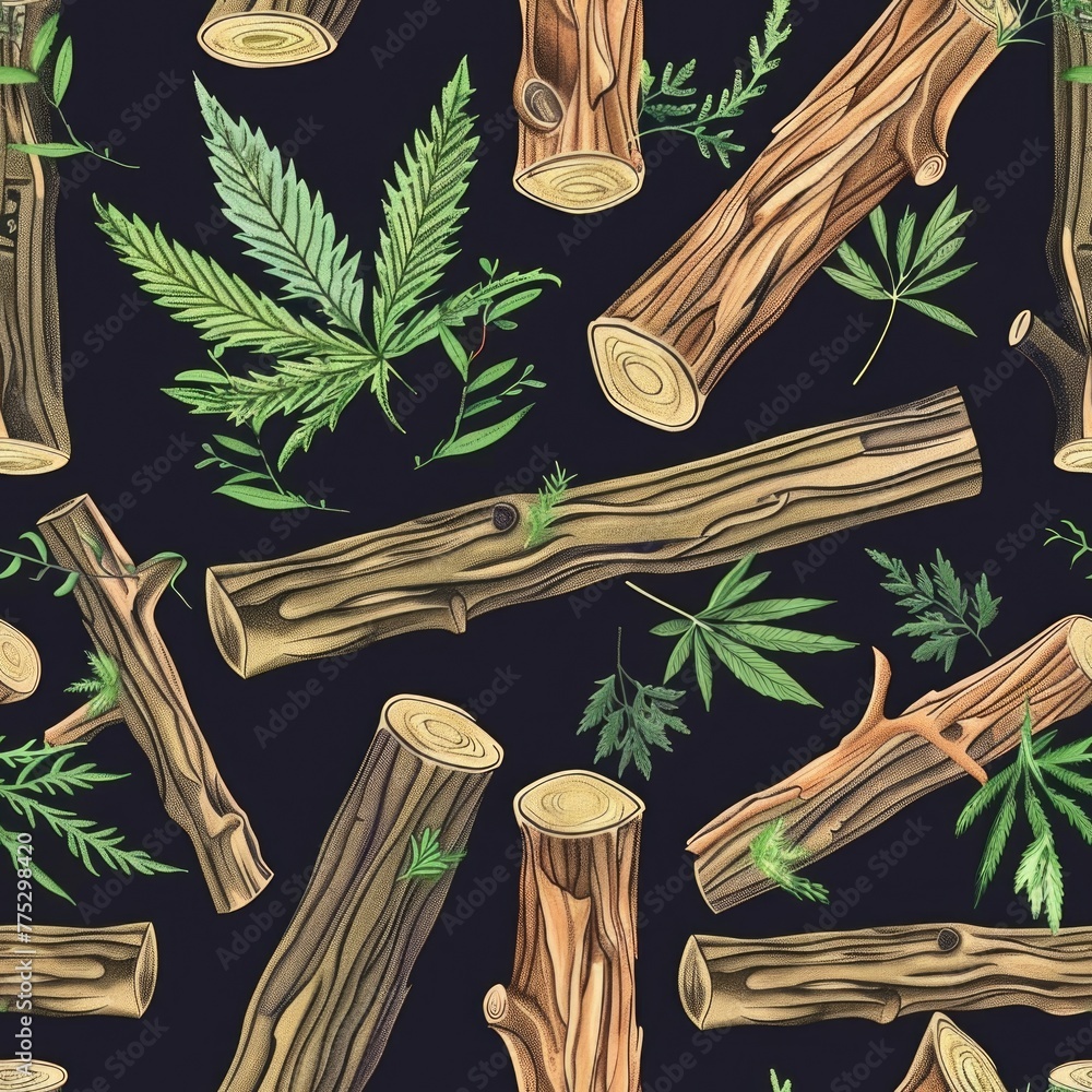 Poster a collection of logs and fallen leaves against a dark backdrop. ideal for nature or environmental th