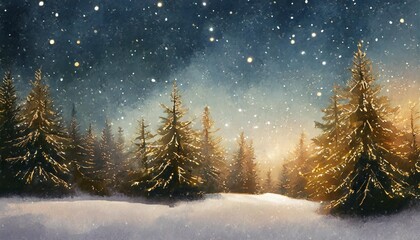 night dark forest winter landscape with fir trees on starry sky background moody botanical...