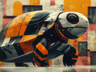 A robot turtle with a black and orange shell. The cyber turtle is walking on a white surface. The turtle is surrounded by a colorful background