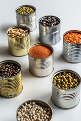 Various types of beans in tin cans, versatile for food and cooking concepts - obrazy, fototapety, plakaty