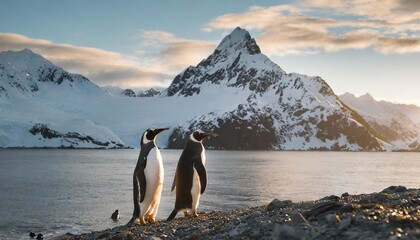 two penguins against the backdrop of beautiful snowy mountains and the sea desktop screensaver