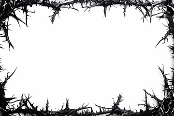 A bold black border design for A4 sized documents, adorned with gothic lines and thorns that intertwine along the edge, framing a central area of pristine white space. - obrazy, fototapety, plakaty