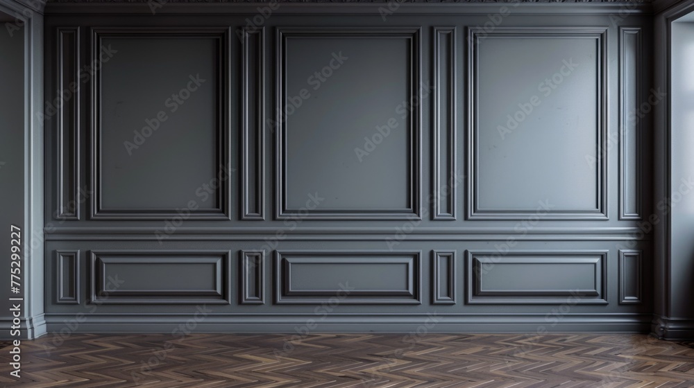 Poster A simple image of an empty room with gray walls and wood floors. Ideal for interior design concepts