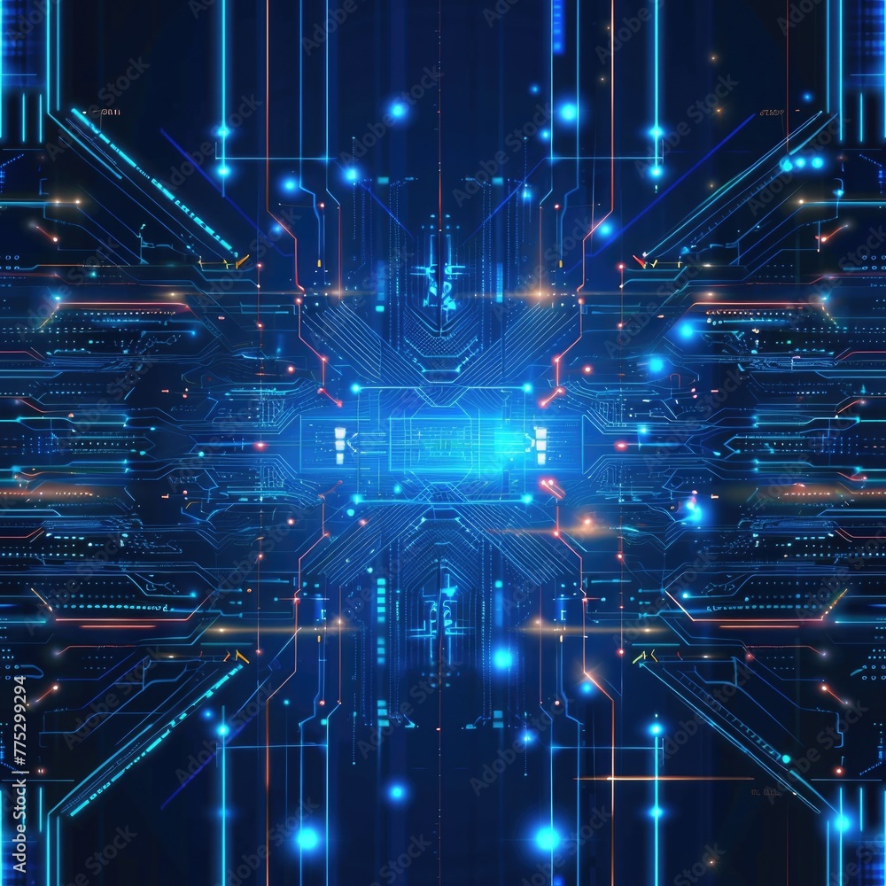 Aufkleber High-tech computer circuit board with vibrant blue and orange lights. Ideal for technology concepts