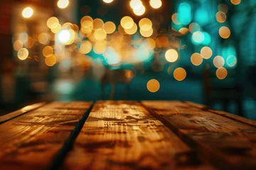 Fotobehang Bright and cheerful lights arranged on a rustic table. Perfect for holiday decorations © Fotograf