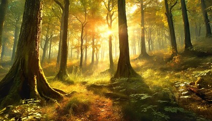 fantasy nature forest floor trees nature green light forest landscape digital illustration generative ai - Powered by Adobe