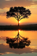 A tree reflecting in the water at sunset. Perfect for nature backgrounds