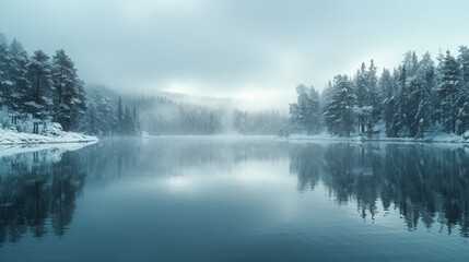   A lake encircled by snow-capped trees and a dense forest opposite it is shrouded in haze