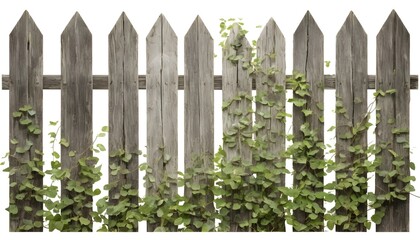 Old weathered wooden picket fence covered in foliage, cut out