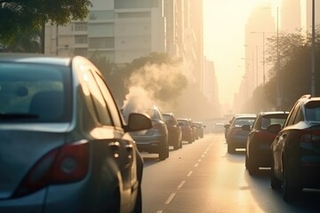 Cars emitting smoke on a congested city street, highlighting urban air pollution. Traffic Pollution in Urban Environment - obrazy, fototapety, plakaty