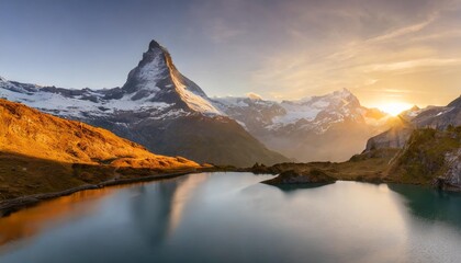 island landscapes sunrise view on bernese range above bachalpsee lake peaks eiger jungfrau faulhorn in famous location in switzerland alps grindelwald valley - obrazy, fototapety, plakaty