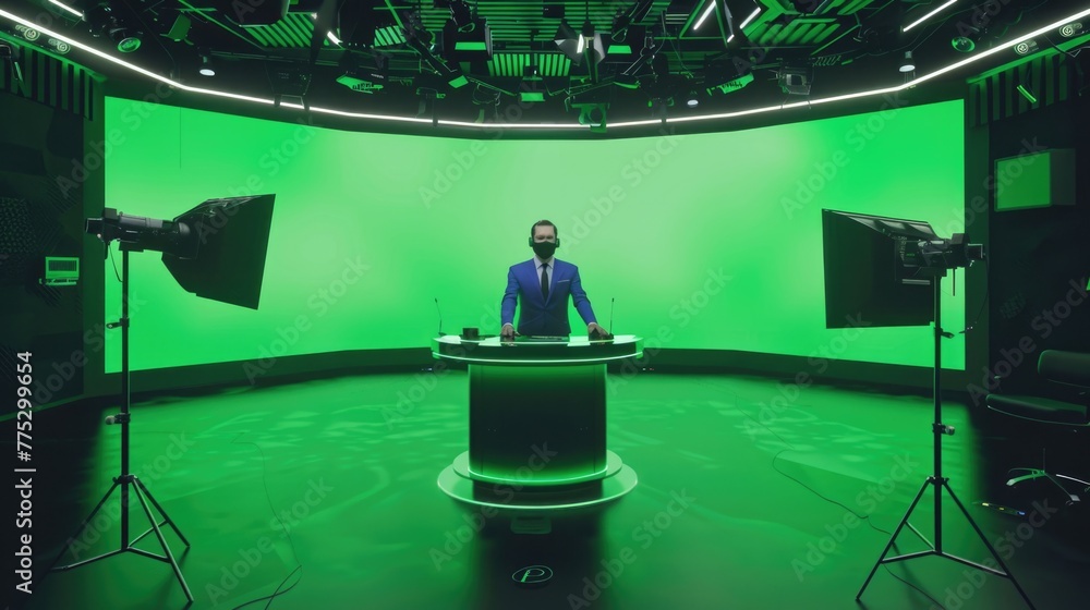 Poster Man sitting at desk in front of green screen. Perfect for chroma key editing