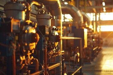 A row of pipes and valves in an industrial building. Suitable for construction and engineering projects