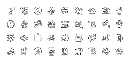 Fototapeta na wymiar Father day, Prescription drugs and Eco power line icons pack. AI, Question and Answer, Map pin icons. Bid offer, Horns hand, Search calendar web icon. Puzzle, Cloud upload, Inflation pictogram. Vector