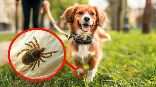 Happy running spaniel with a collar on a walk with a dog in the spring park, collage insert of a tick. concept of danger and preventive treatment and treatment against ticks