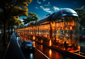 Modern tram on the city street. The tram goes past the shops and cafes. Evening cityscape. - obrazy, fototapety, plakaty