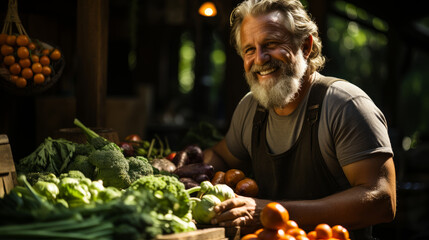 Portrait of happy senior farmer with beard selling fresh vegetables and fruits on the market