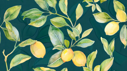 Lemon branches with leaves and yellow fruit seamless pattern, green background for cafe menu, summer background