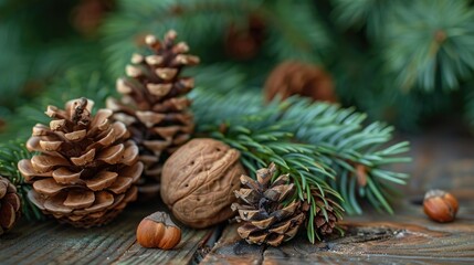 Assorted nuts and pine cones on a wooden table, ideal for autumn and holiday themes - obrazy, fototapety, plakaty