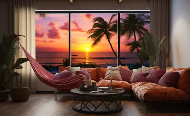 Rollo Interior living room with sea view 3d render.The Rooms have wooden floors,decorate with pink fabric sofa,There are large open sliding doors Overlooks wooden terrace and palm trees. © Vadim