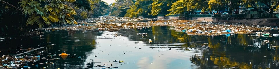 Obraz na płótnie Canvas garbage in the river environmental pollution.