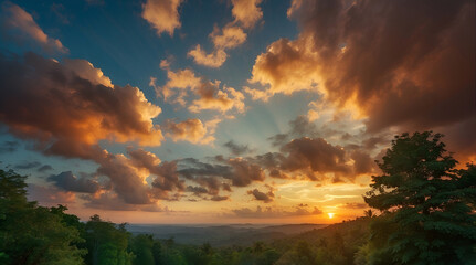 Epic tropical sunset with mountains and jungle - obrazy, fototapety, plakaty