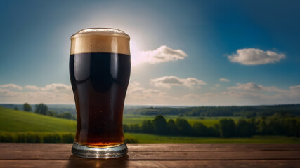 Dark beer glass on a wooden table with a green view background, festival / event concept.