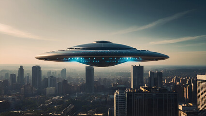 Futuristic UFO hovering above a city