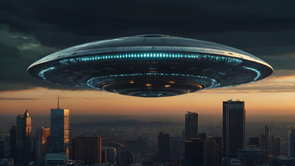 Big mothership UFO hovering above city buildings